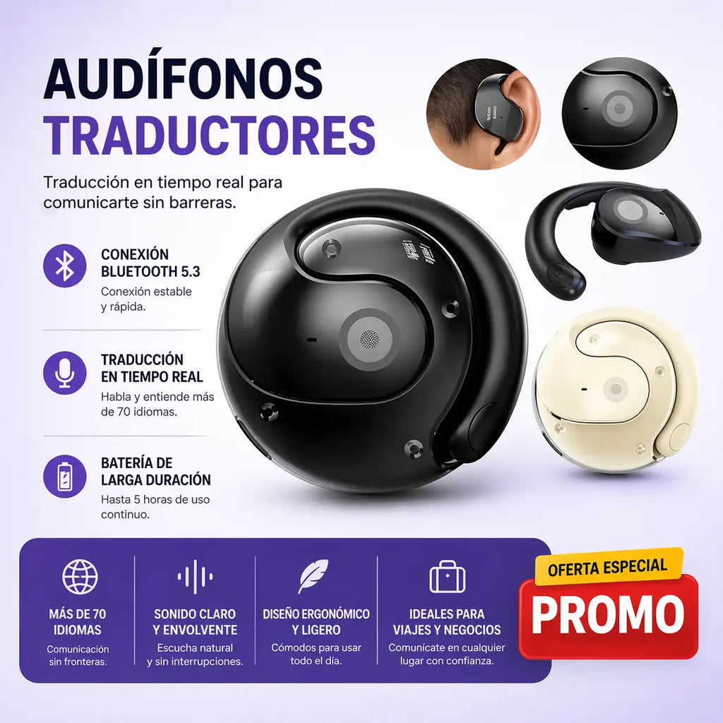 Auriculares traductores inteligentes: traducen más de 100 idiomas en tiempo real, ideales para viajes, negocios y reuniones. Incluyen asistente de voz e intercomunicador + ¡APP INCLUIDA GRATIS!